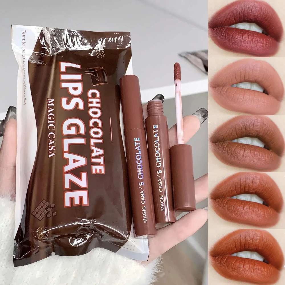 5 ピース/セットチョコレートリップグロス防水長期的な非粘着性リップ釉薬シルキースムーズなヌードレッド液体口紅メイクアップ化粧品