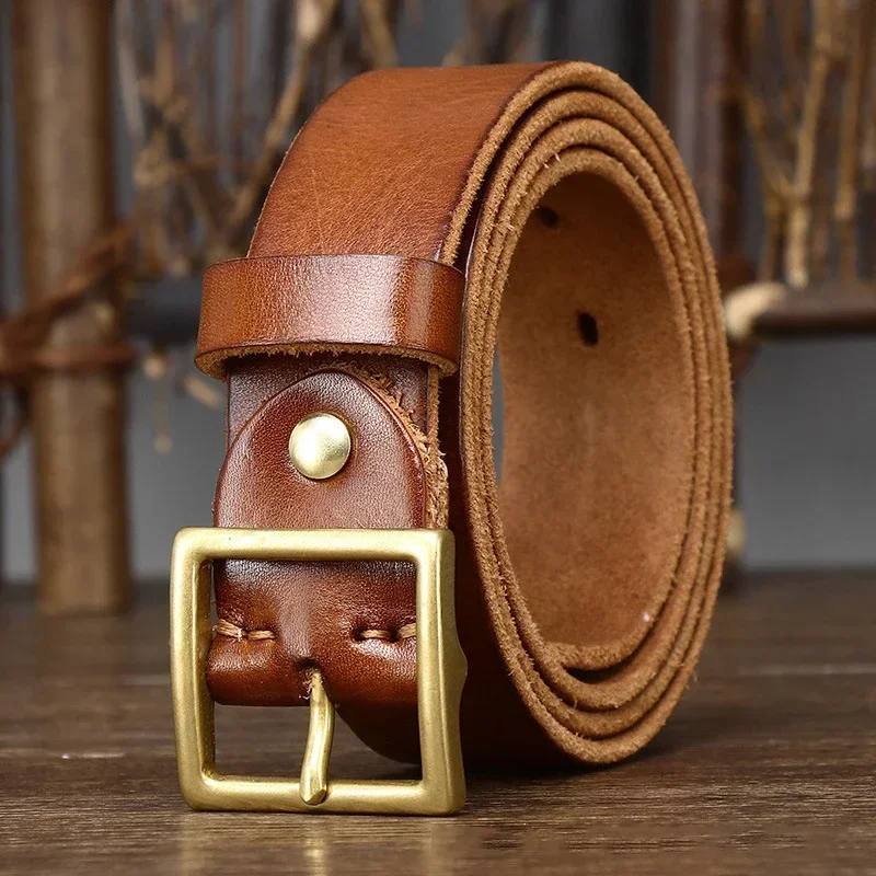 3.3CM Pure Cowhide Genuine Leather for Men\'s Women High Quality Jeans Brass Buckle Belts Cowboy Fashion Designer Matching Belt