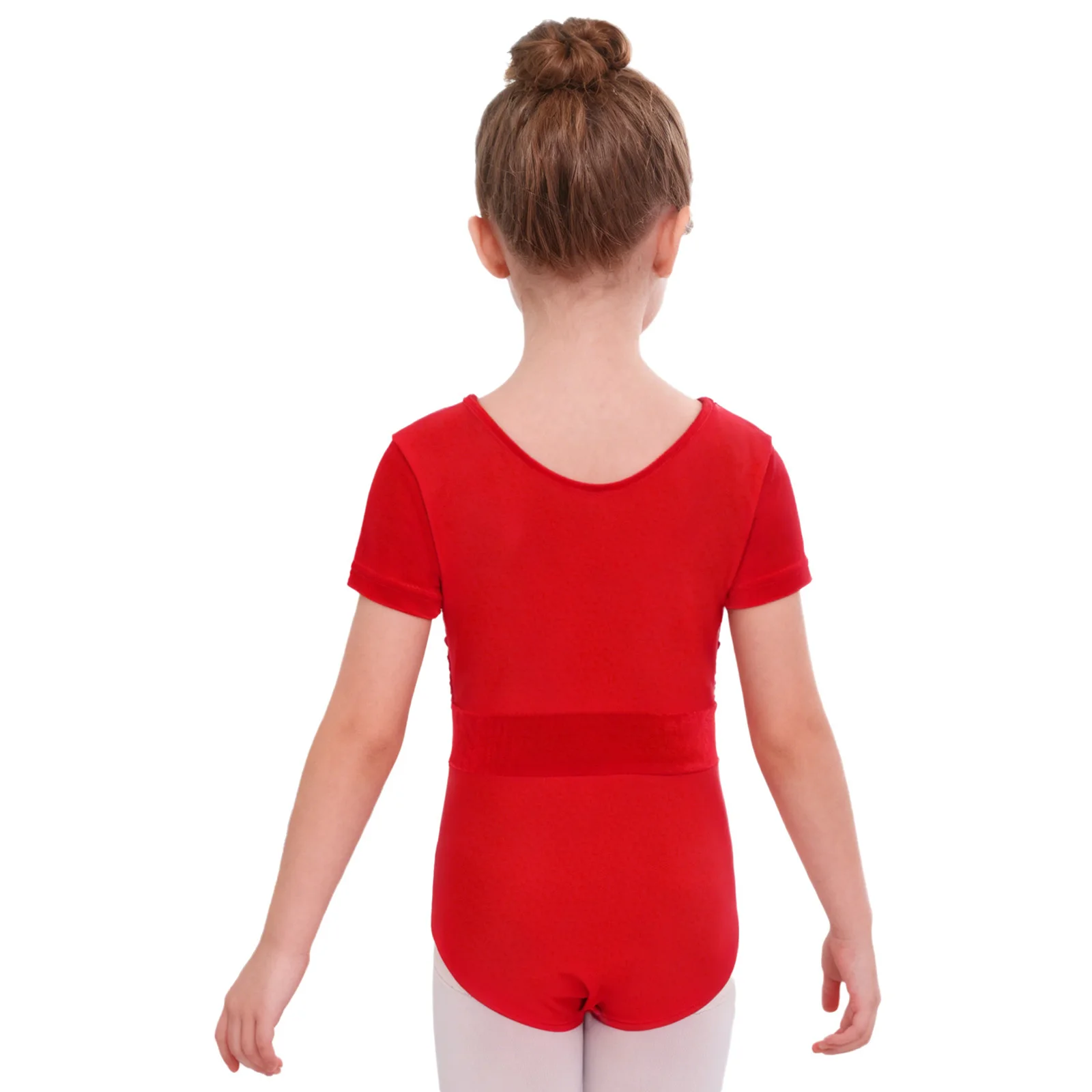 أطفال بنات الباليه ممارسة ملابس رقص الجمباز جولة الرقبة قصيرة الأكمام لامعة الترتر المخملية المرقعة أزرار مفتوحة المنشعب ارتداءها