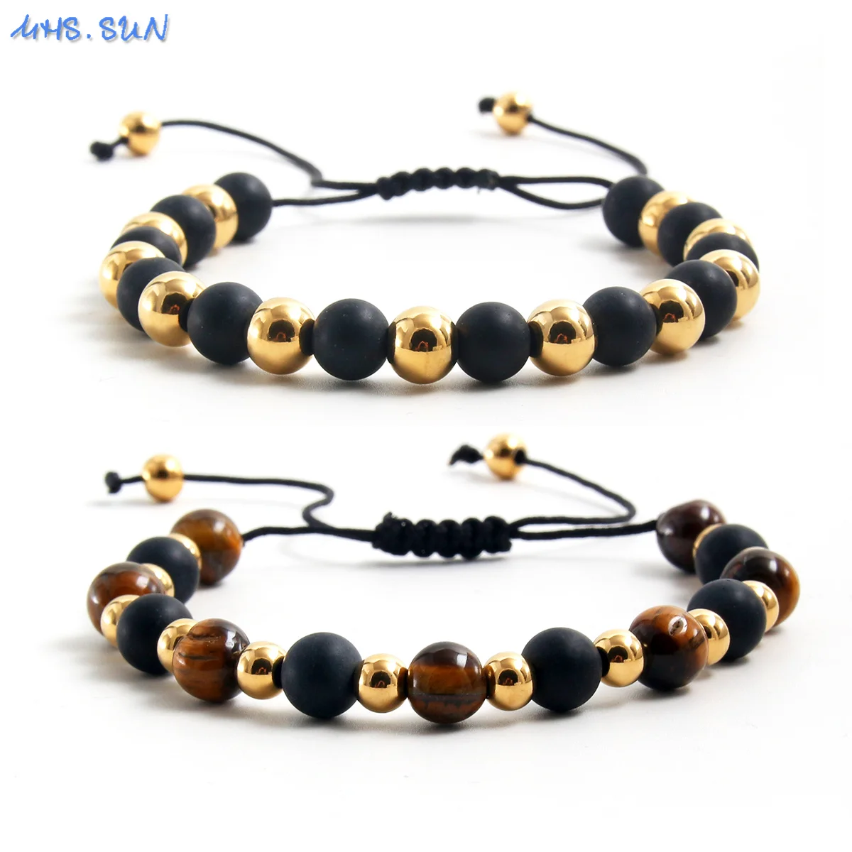 MHS.SUN Handmade Stainless Steel 6MM Gold Black Color Beads Bracelet Natural Tiger Eye Stone Adjustable Men Daily Jewelry