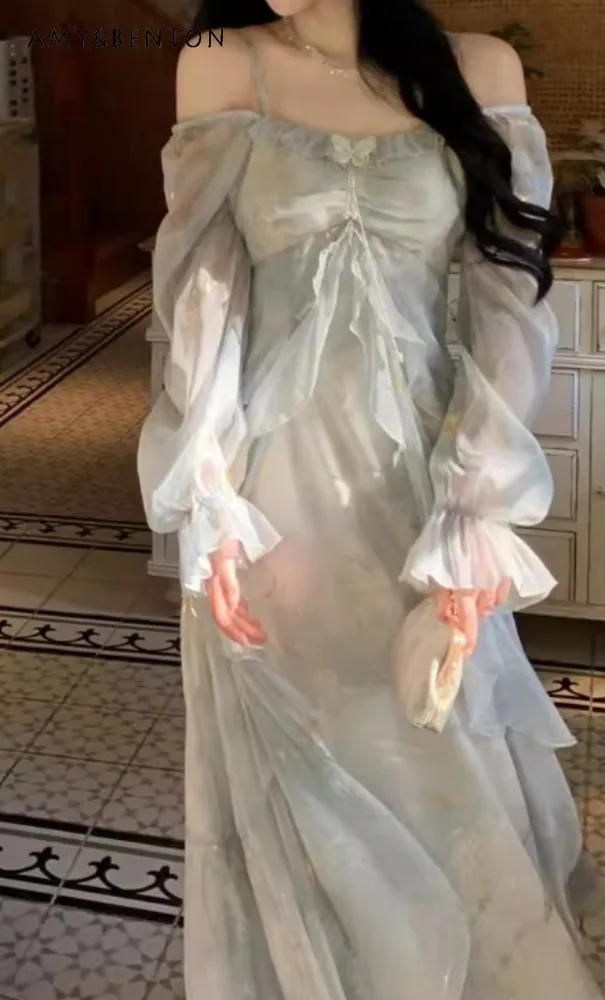 

2025 Summer New Unique Garden Princess Fairy Dress Female Summer Beauty Advanced Texture Slim Long Adult Dress