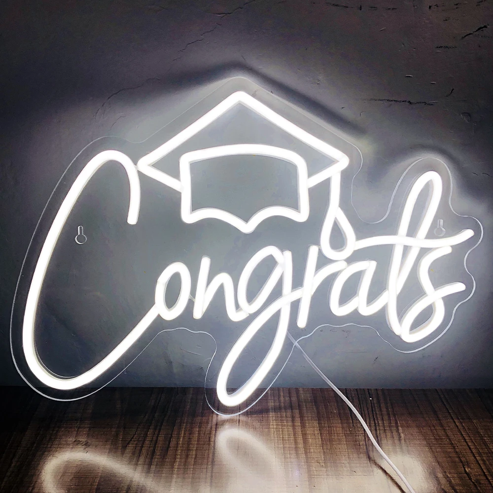 Congrats Neon Sigh White LED Lights Aesthetic School Room Graduation Decorations 2024 Art Wall Lamp For Party Festa Letter Decor