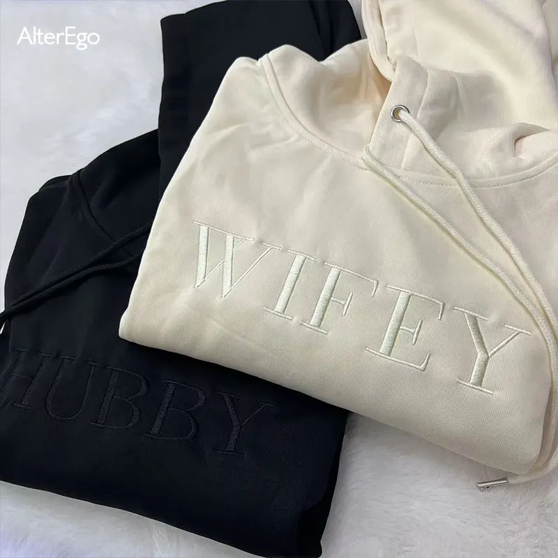 Embroidered Matching Couple Wedding Hoodies Custom Wifey Hubby Wedding Breakfast Outfit Honeymoon UNISEX Hoodie Anniversary Gift