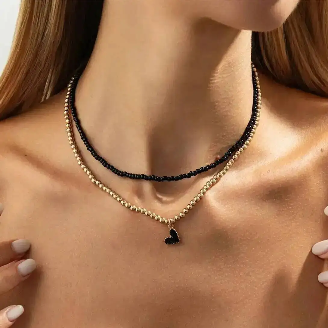 2개 세트 트렌디 Y2K 하트 펜던트 초커 목걸이 여성 보헤미안 CCB 비즈 쇄골 체인 정교한 파티 주얼리