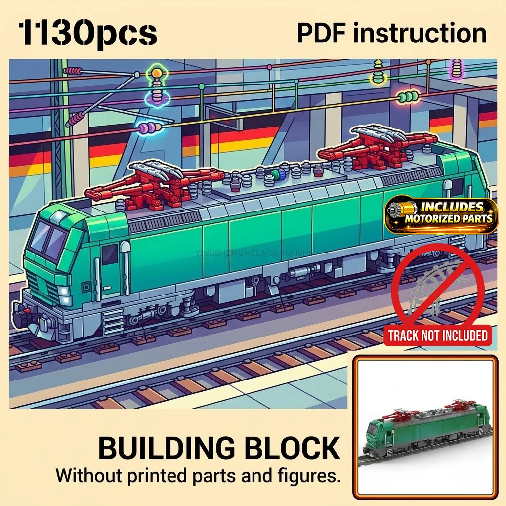 

Моторизованный зеленый электровоз с двумя пантографами, высокоскоростной железнодорожный двигатель, модель MOC из блоков
