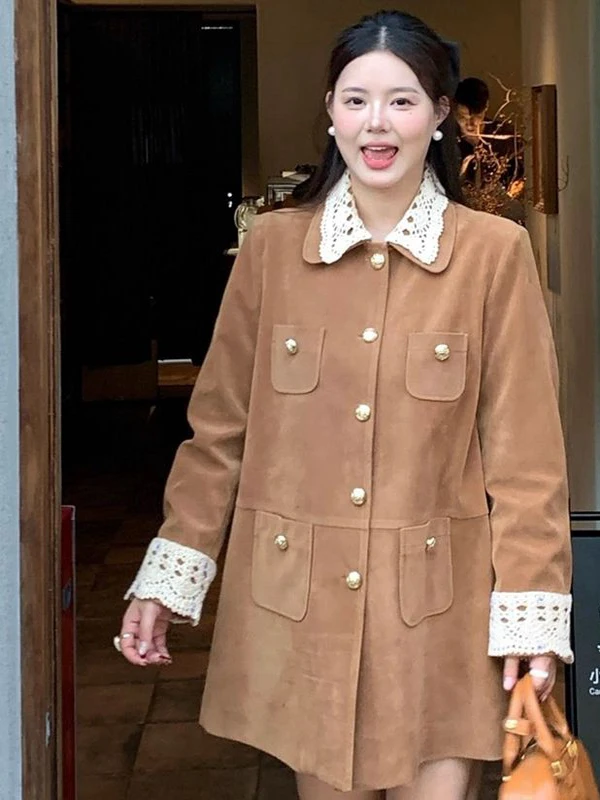 Brown Suede Velvet Women's Jacket Medium Length Flip Collar Fake Two-Piece Outerwear Vintage Style Commute Friendly Thickened