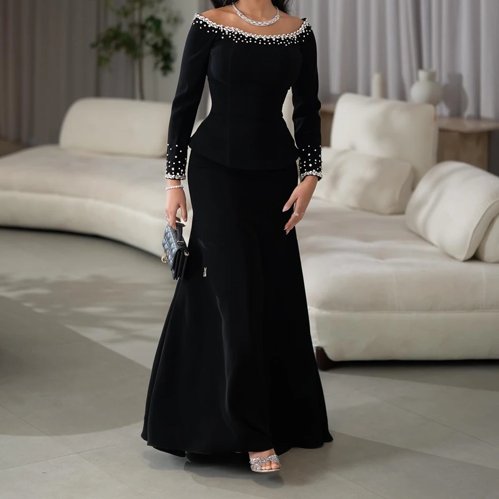 

Customized Black Mermaid Evening Dresses Floor-length Off The Shoulder Full Sleeve Prom Gown Fashion Crystal Draped Party Gown