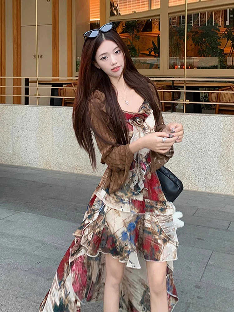 

Ele винтажный женский комплект из двух предметов, лето 2025 г., с цветочной вышивкой, ремешком с хвостом и открытым кардиганом