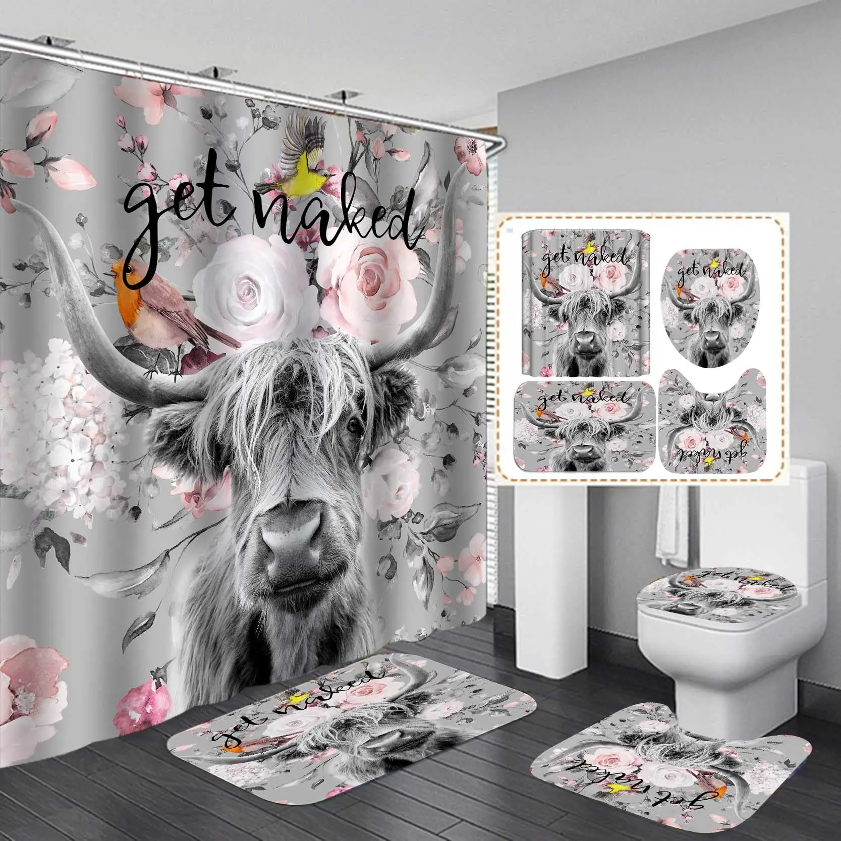 4PCS Cute Highland Cow Shower Curtain Set Flower Country Western Farm Animal Cattle Farmhouse Bathroom Decor Non-slip Bath Mat