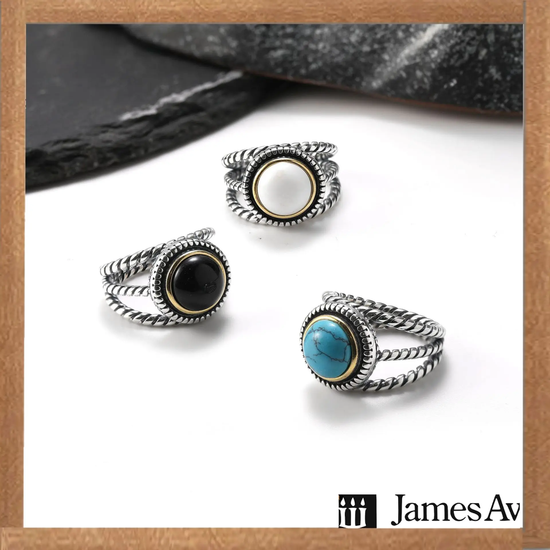 S925 Silver Two‑Tone Twisted Split‑Band Ring Oval Natural Stone Vintage Bohemian Finger Ring Fashion Jewelry Gift