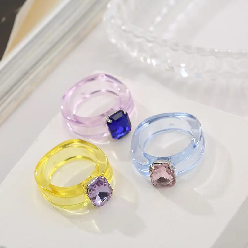 Transparent Resin Chunky Candy Color Rings Shiny Square Rhinestone Inlay Non-toxic Material Jewelry for Kids Girls Daily Wear