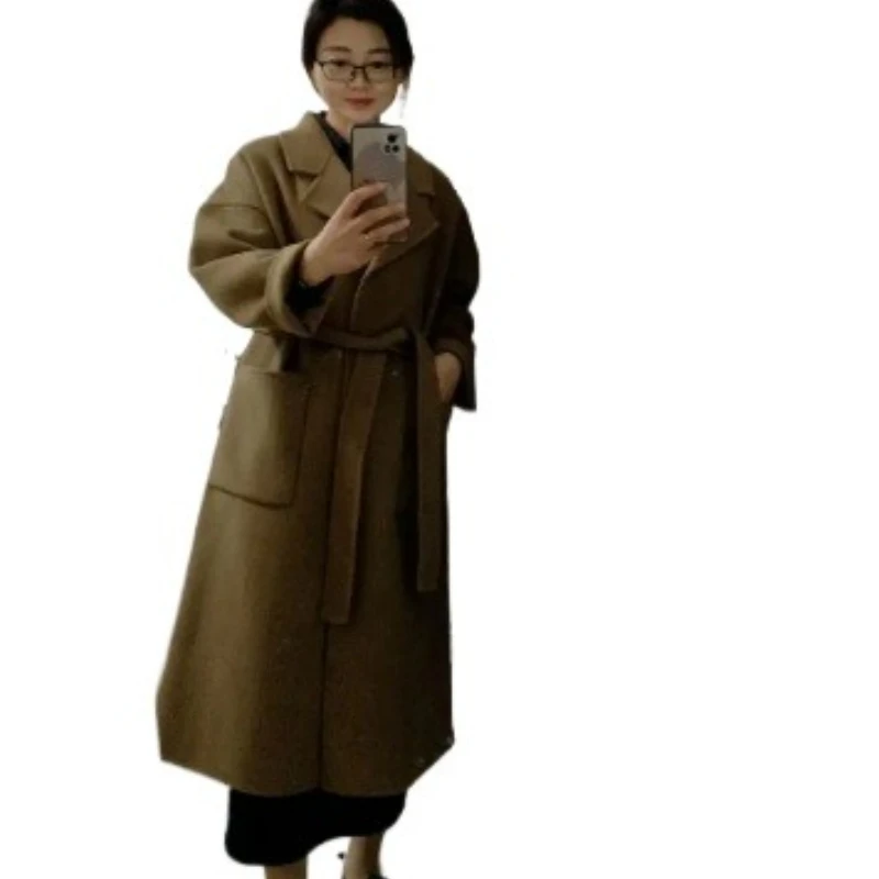 

2026 однотонные двусторонние кашемировые куртки, осень-зима, новое пальто в британском стиле, женское длинное свободное шерстяное утолщенное пальто