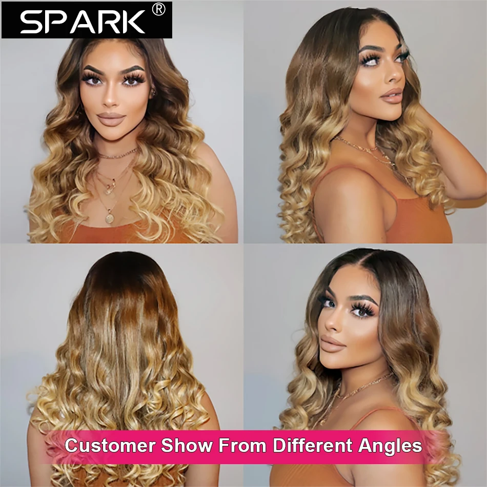 SPARK Ombre Highlight Body Wave 13x4 Lace Frontal Human Hair Wigs 4x4 Lace Closure Wig 30 32Inch 180%Density Brazilian Wavy