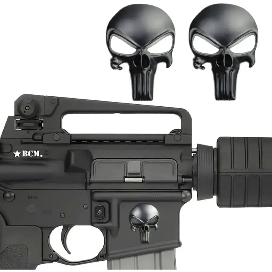 Naklejka 3D z motywem czaszki taktycznej, wykonana z litego metalu - pasuje na motocykl, samochód, broń airsoftową, AR15, M4, M16, 1911, Glock G17, G19, G22, G43X