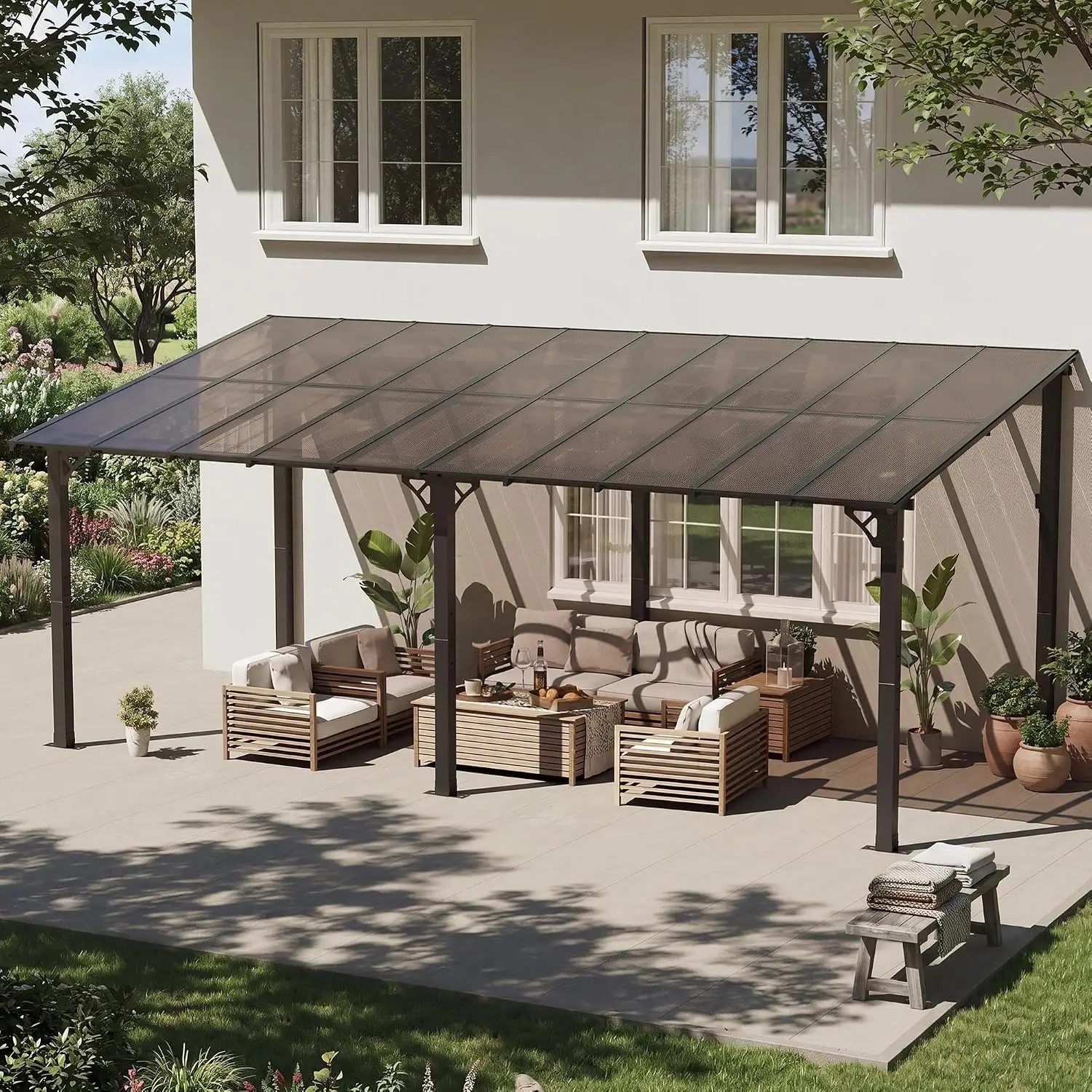 10' x 16' Lean to Gazebo Pergola, Hardtop Gazebo Metal Large Galvanized Steel Wall Mounted Pergolas on Clearance with Polycarbon