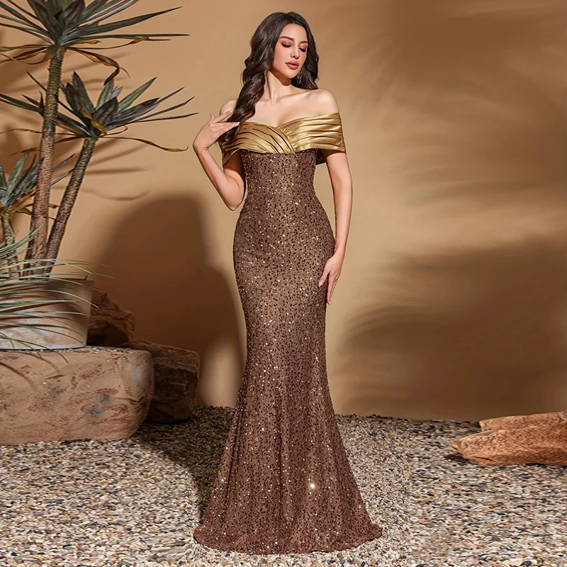

Women's Off-the-Shoulder Brown Sequin Evening Dress with Gold Pleated Neckline Mermaid Floor - Length Skirt Prom Dress for Party
