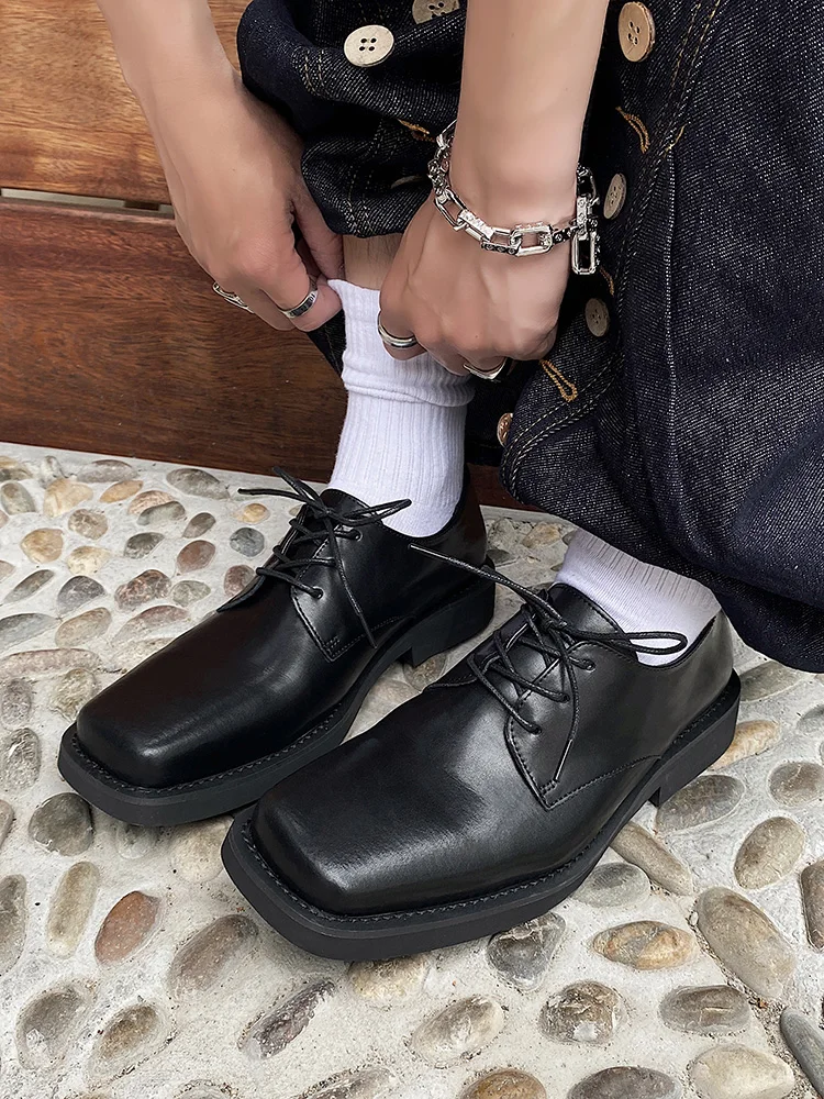 Cool Black Leather  Shoes Men's Genuine Leather Square Head Casual Design Korean Version High-End Sensation Fang Even