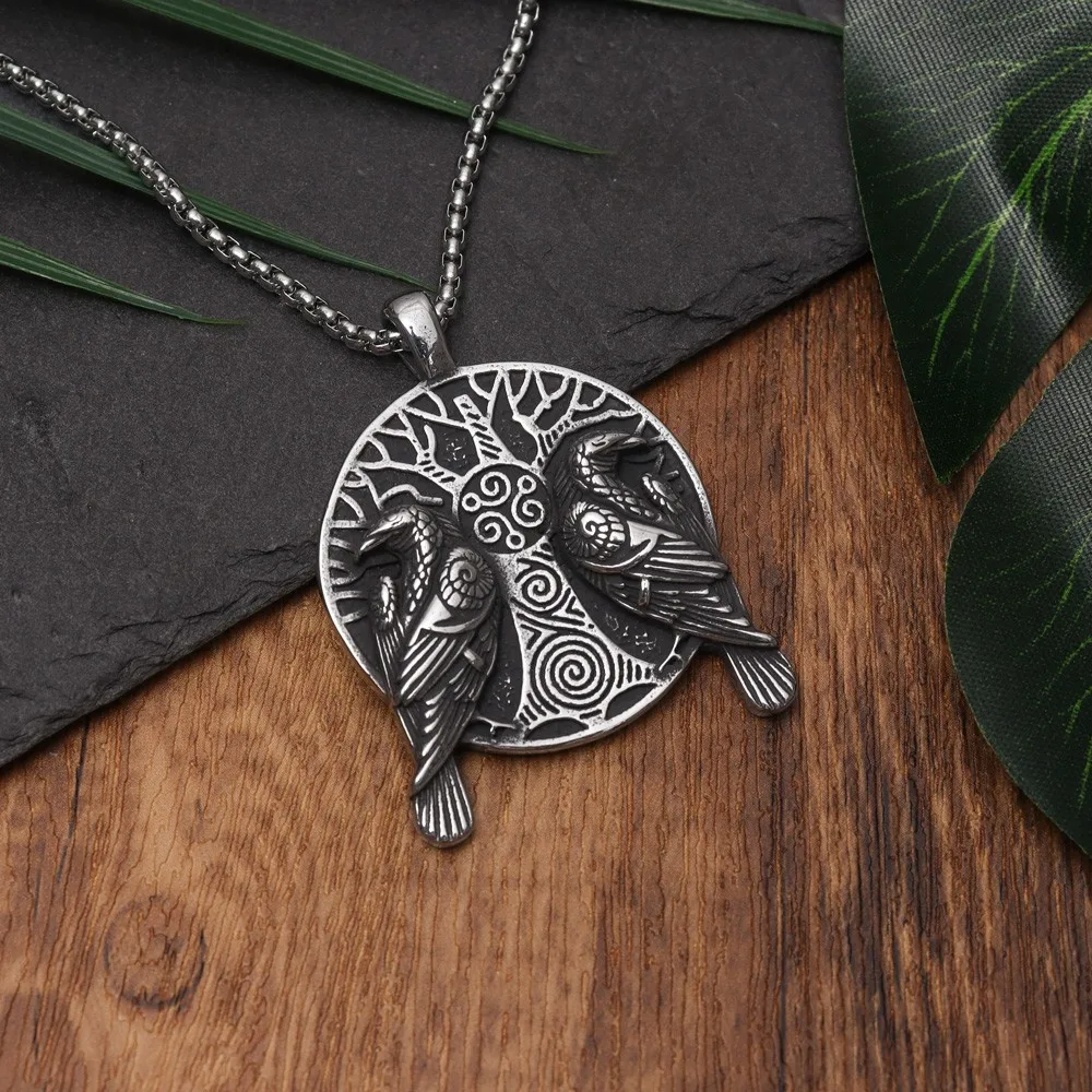 Vintage Tree of Life Odin Crow Pendant Charm Men\'s Necklace Fashion Christmas Valentine\'s Day Gift Protector Jewelry Accessories