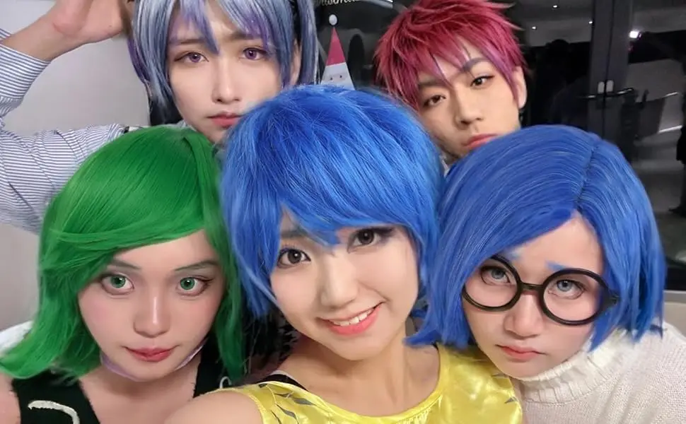Synthetische blaue Traurigkeit Perücke【+Perückenkappe+Brille】Kurze blaue Bob-Perücken Cosplay-Perücke Frauen gerade blaue Perücke Kostüm-Outfit Halloween – Detail 1