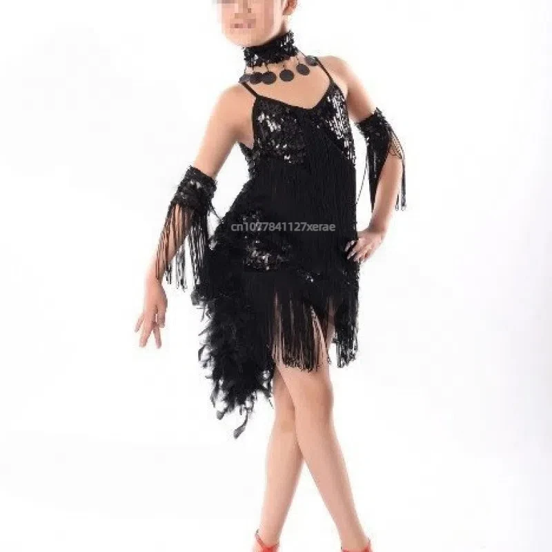 Children's Latin Dance Dress Performance, Girls' Sequin Tassel Feather Performance Costume, Group Stage Performance, Dance Dress