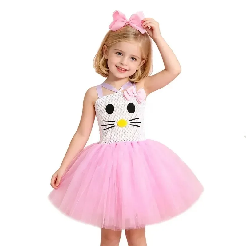 Pink Cartoon Cat Tutu Dress For Baby Girls Bow Hairclip Princess Outfit Kids Birthday Party Ballet Costume Holiday Photo Clothes