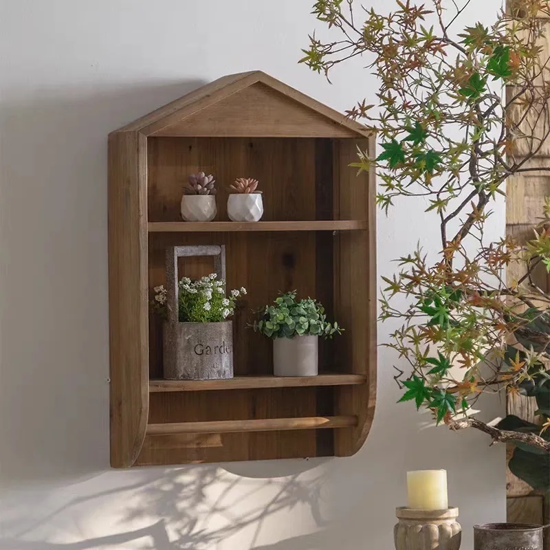 Rustic Pine Wood Wall Shelf with 3-Tier Storage and Towel Rail, House-Shaped Farmhouse Organizer for Bathroom Kitchen Decor