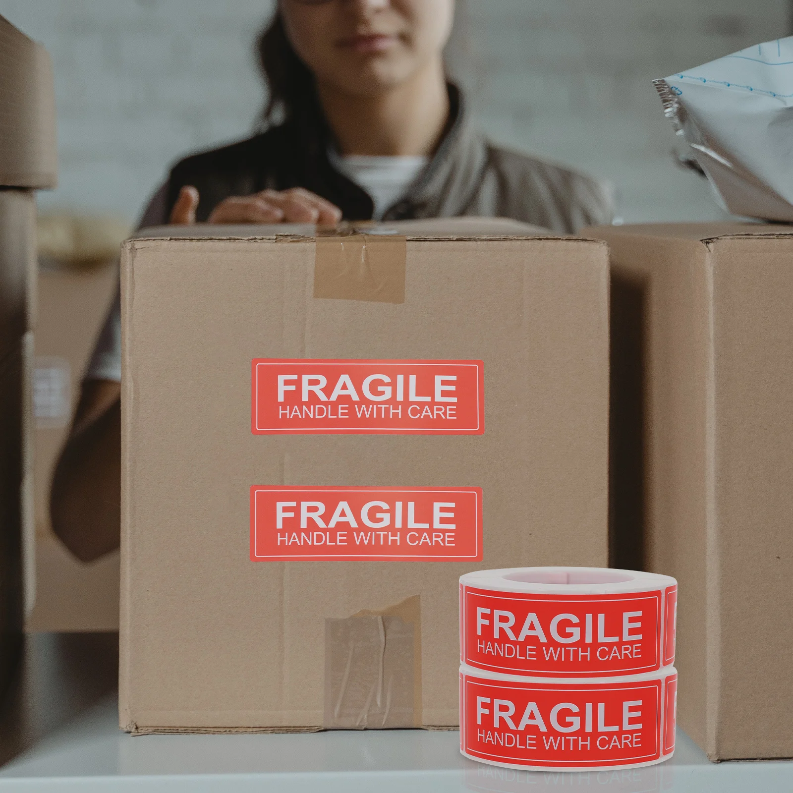 2 Rolls Fragile Warning Stickers Handle With Care Shipping Label Packing Caution Adhesive Sticker Boxes Bags Glass Plastic Metal