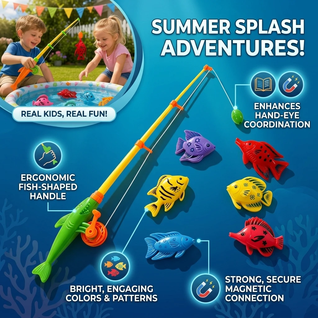 Kids Magnetic Fishing Toy Set Retractable 19‑48cm Fishing‑Rod 6Pcs Double‑Sided Floating Fish Portable Bath‑Pool Water‑Play Game