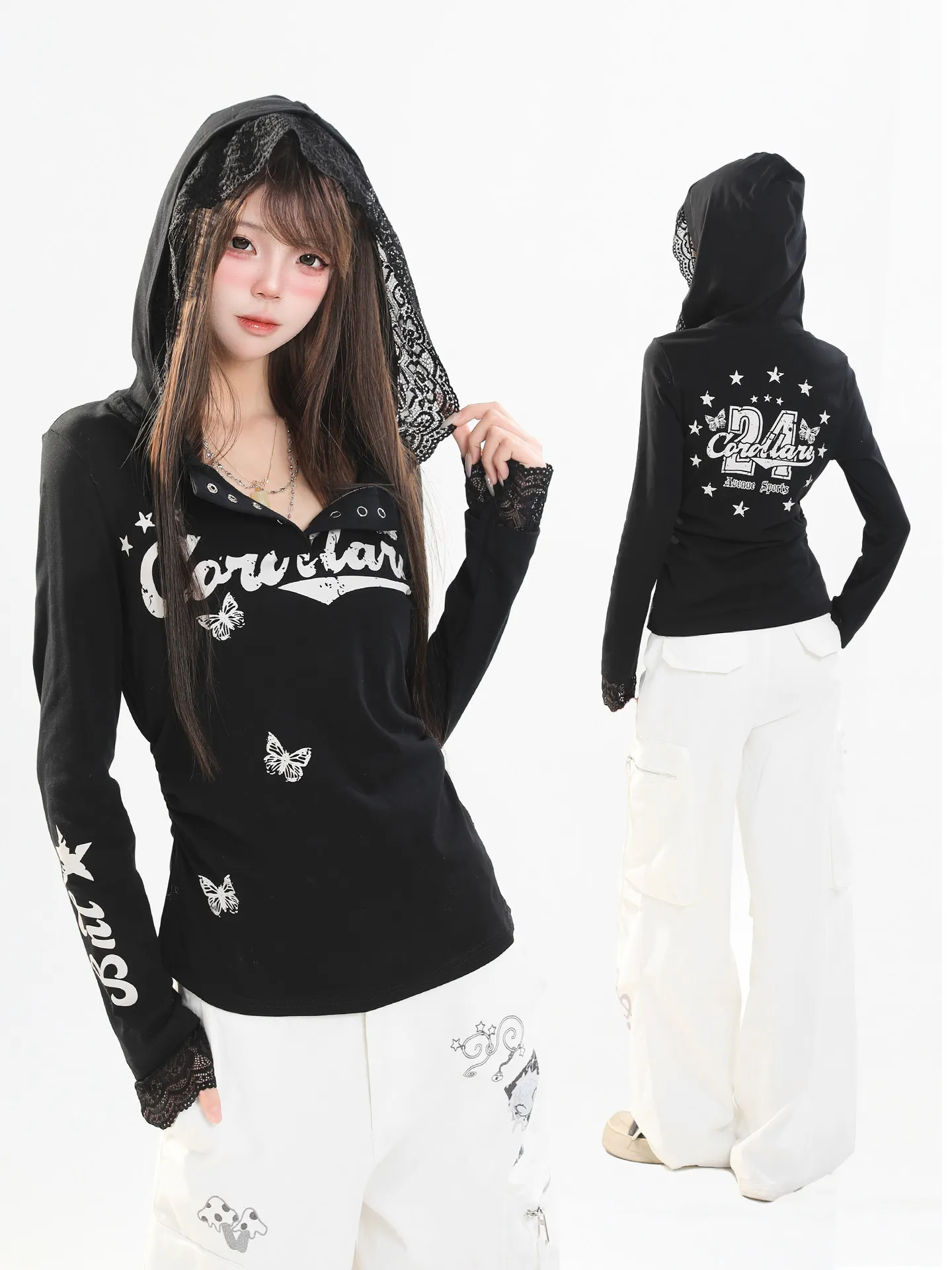 

Retro American Lace Splicing Long Sve T-irt Women's Spring Waist Slimming Versatile High-End Feeling Hoodie Top