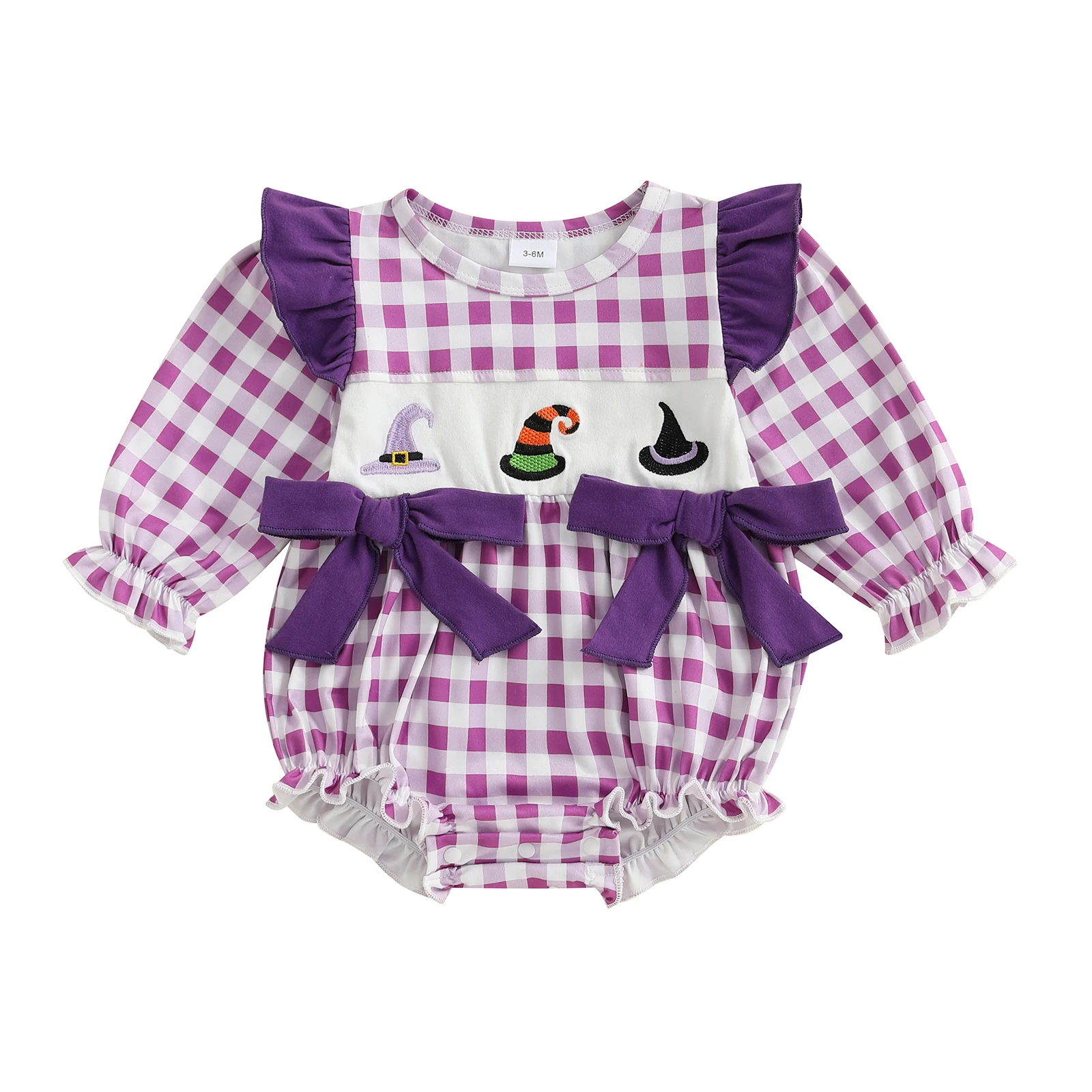 

Baby Girl Halloween Plaid Romper Witch Hat Embroidery Long Sleeve Round Neck Bow Jumpsuit