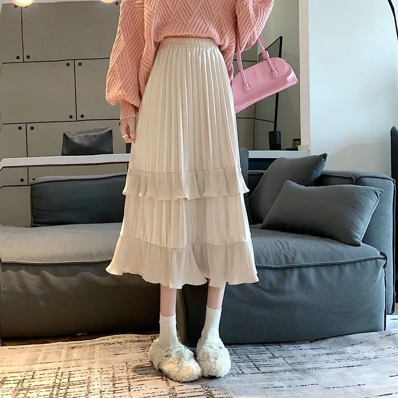 Herbst-Winter-Cord-Midi-Röcke für Damen, lässige Retro-Rock mit mehreren Lagen, einfarbiger, plissierter A-Linien-Rock, modischer koreanischer Stil. – Detail 8