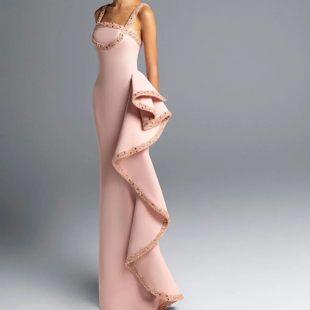 

Customized Sexy Jersey Mermaid Spaghetti Straps Sequined Crystal Beading Evening Dress Fashion Sleeveless Bespoke Occasion Gowns