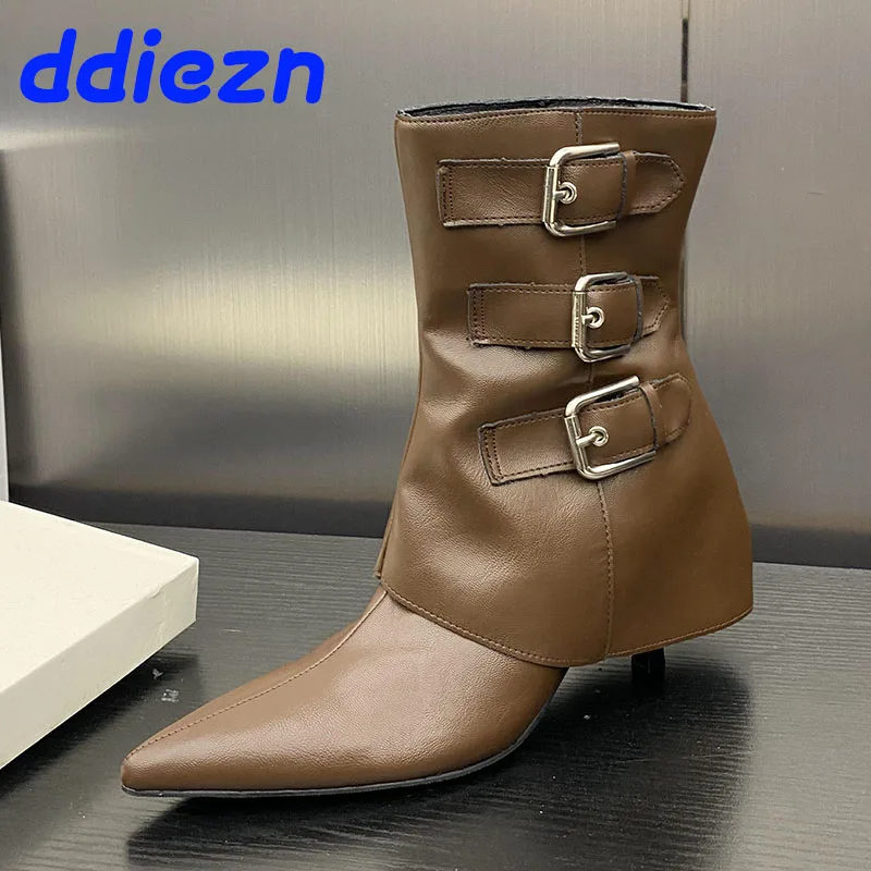 

New Footwear Designer Metal Buckle Ladies Modern Ankle Boots With Low Heel Female Shoes Fashion Pointed Toe Women Chelsea Boots