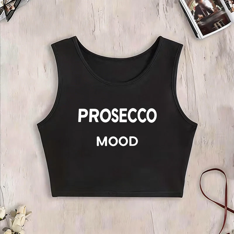 Fashionable Letter Prosecco Mood Sexy Crop Tops Women's Round Neck Sleeveless Vest T Shirt 90s Graphic Y2k Tank Tops Clothes