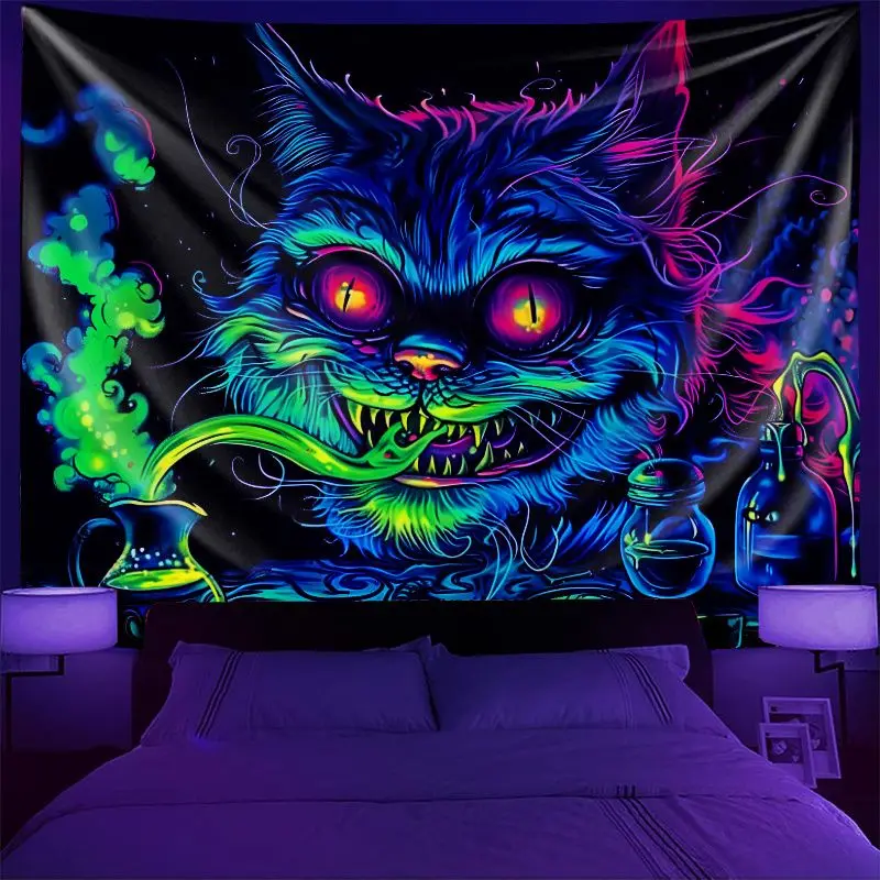 VIKAMA Blacklight Cat Tapestry Neon Blue Green Pink Trippy Grinning Cat Wall Hanging UV Reactive Dorm Room Decor Poster
