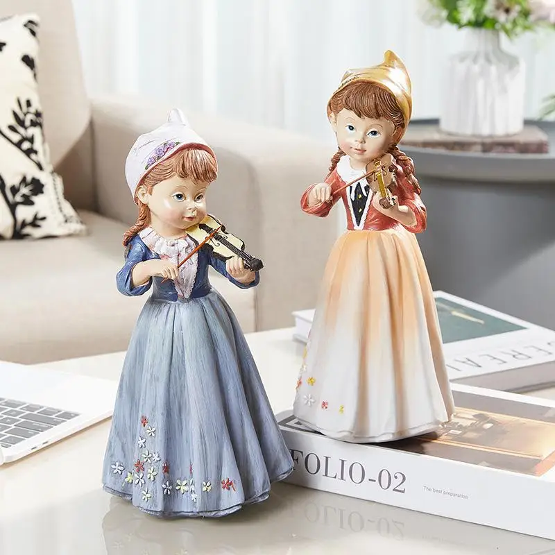Rural Violin Girl Figurine - Fresh And Cute Teen Spirit TV Stand Decorative Item - Purple And Red Resin Artwork