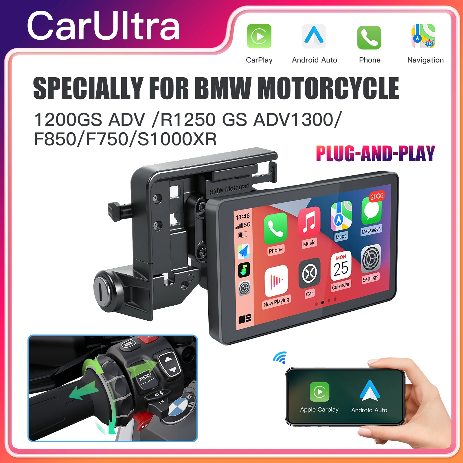 

Carplay with Roller Control for BMW XR M1000 R1200GS R1250GS S1000XR R1300GS 6 Inch Waterproof Motorcycle Android Auto Navigator
