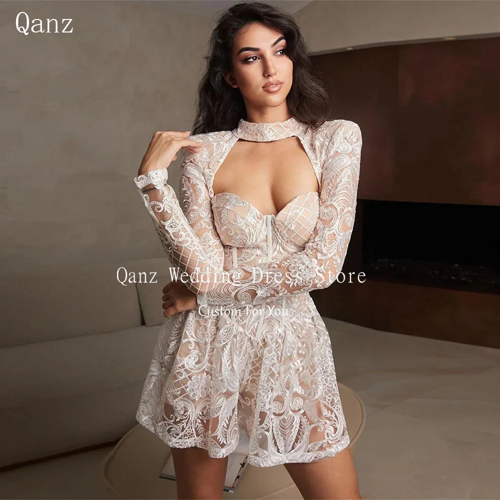 

Qanz Delicate Lace Appliques Wedding Dress Illusion Long Sleeves Party Gowns Corset Back Mini Vestidos De Novia 2024 Customized