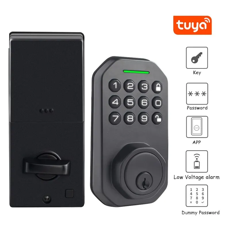 Tuya Wifi Black Smart Door Lock Anti-static Keypad Digital Password Mechanical Key Security Home Electronic Auto Lock