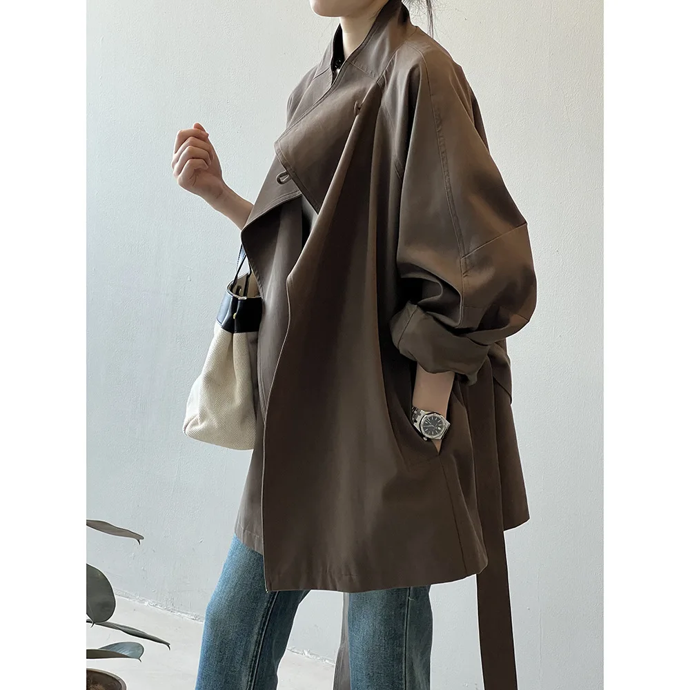 One Button Belted Trench Coat Women, Loose Waist-cinching Stand Collar Top For Autumn