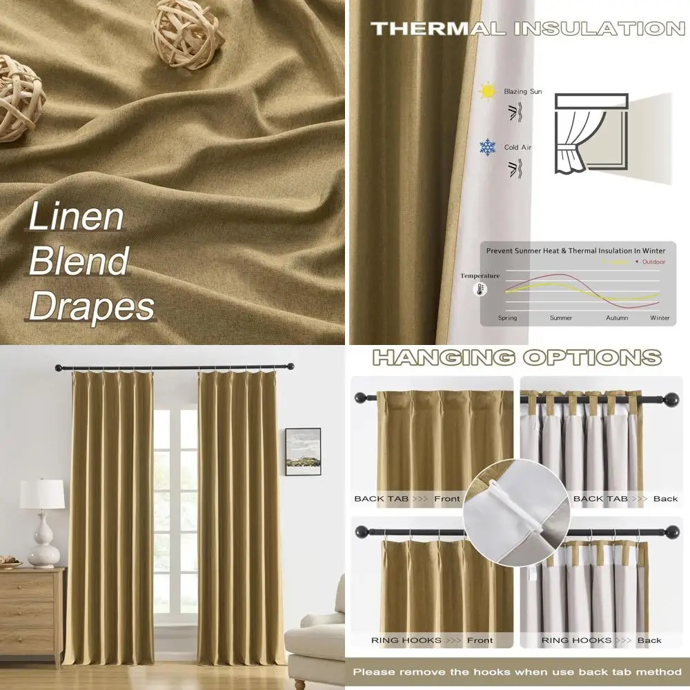 

Linen Blackout Curtains 138 Long, Pinch Pleated, Back Tab with Hooks, Thermal Insulated, 40 W x 138 L, 2 Panels