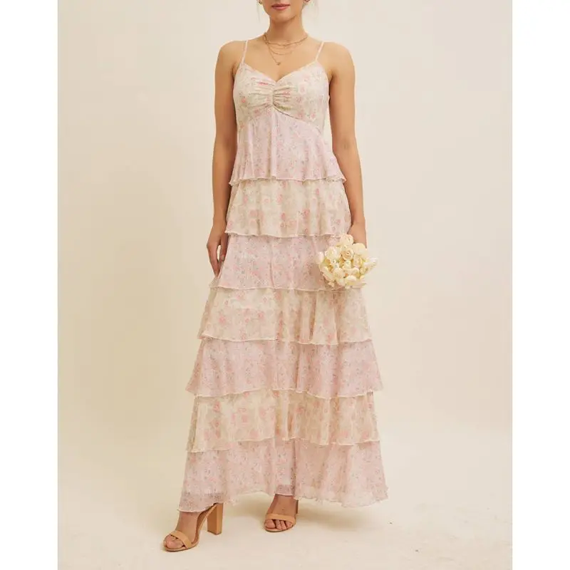Combhasaki Abito lungo estivo da donna senza maniche con spalline regolabili con scollo a V increspato smock senza schienale con volant floreale a strati
