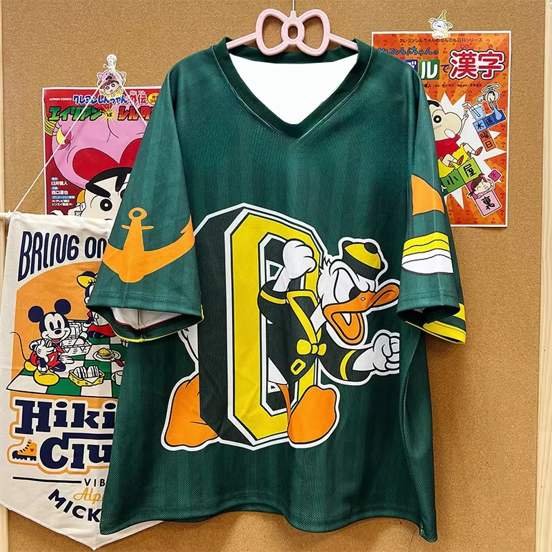 

2026 Женская свободная повседневная толстовка Disney Family с короткими рукавами и V-образным вырезом, модная футболка с короткими рукавами с Дональдом Даком/Винни-Пухом