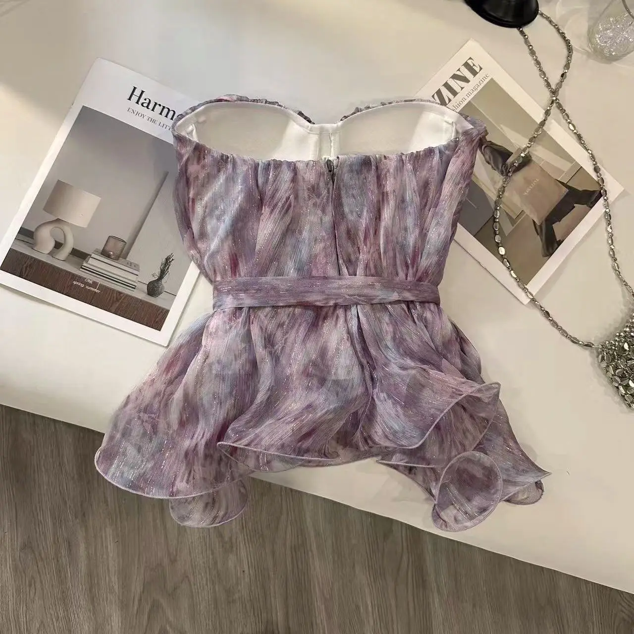 Elegant Purple Strapless Vest Women's Summer New Drawstring Waist Cinching Romantic Feel Top Ultra Thin Knitted Vacation Style