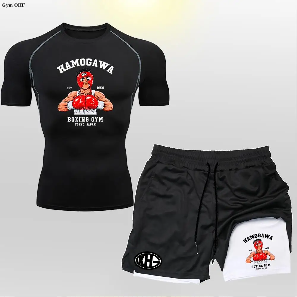 Anime 2 in 1 Shorts Men Sport Suit Rashguard Running T Shirt Boxing Gym Sets Training Muay Thai Doubie Deck MMA Fightwear