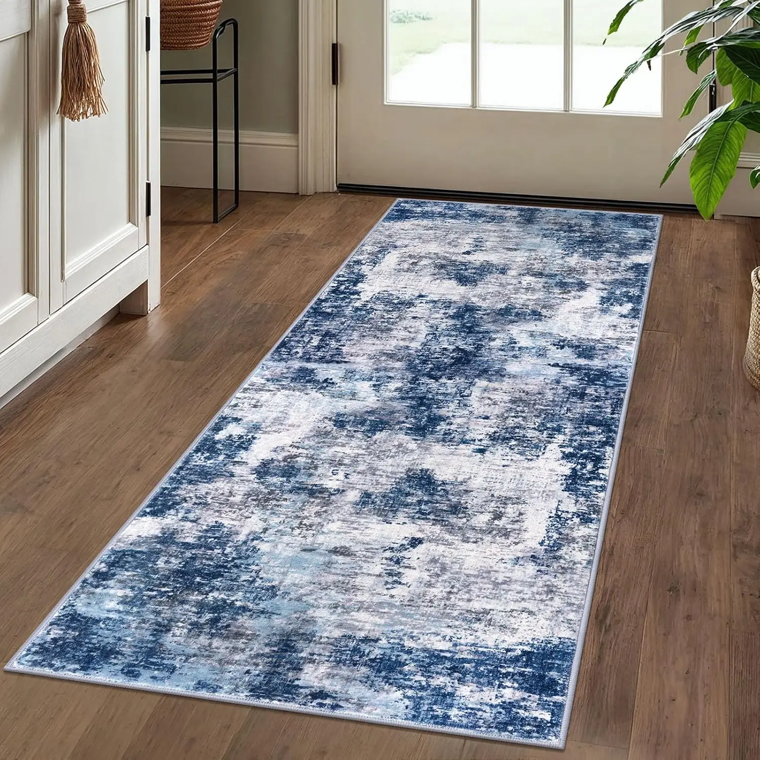 Modern Abstract Runner Rug,Grey Navy Blue Multi Washable Kitchen Runner Entryway Rug Mat Non-Slip Soft Hallway Rug Runner Thin