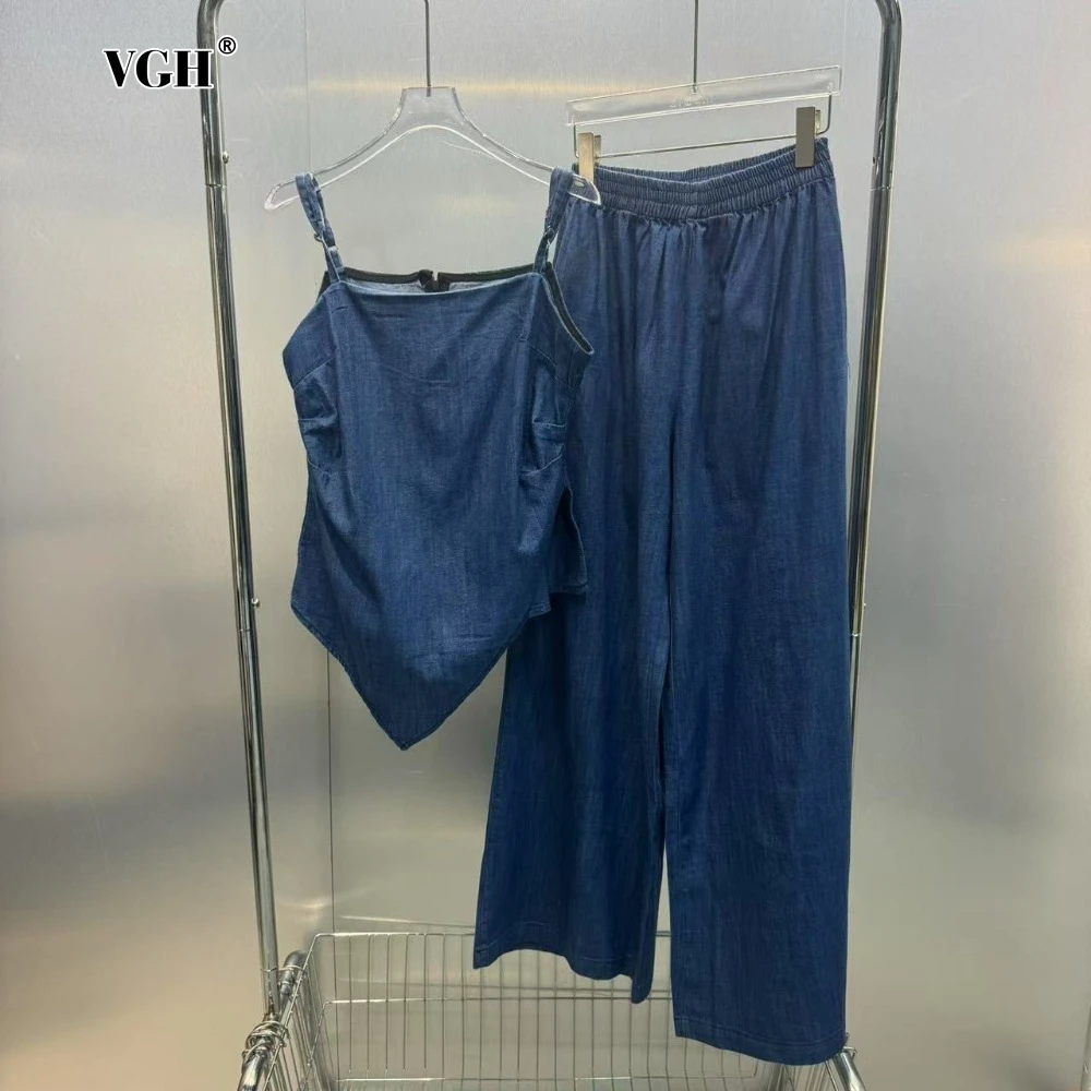 

VGH Casual Jeans Two Piece Set for Women Square Collar Sleeveless Irregular Hem Top High Waist Wide Pant Fashion Outfit Female