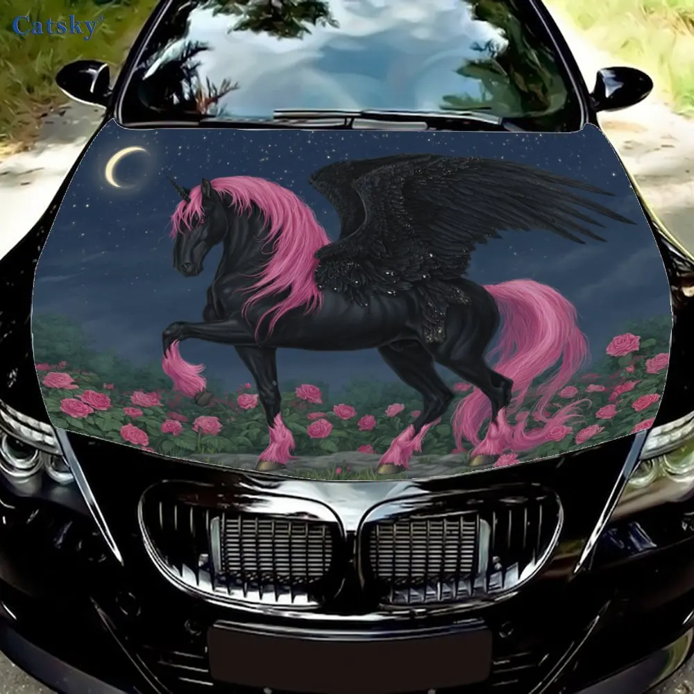 

Dreamy Pink - Winged Unicorn Car Hood Sticker, Romantic Body Decoration Sticker in Moonlit Flower Land, waterproof self-adhesive