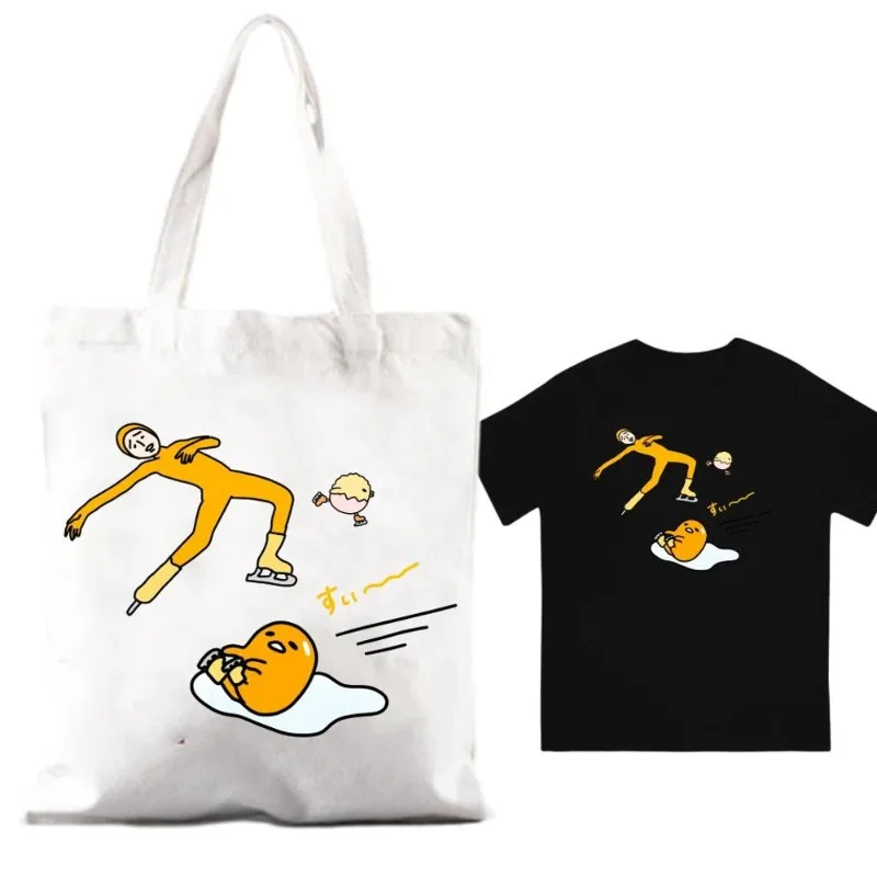 MINISO Egg Gudetama Women Shoulder Bags Couple Combination Clothes Short Sleeve Collar Fashion T shirt  Man Cotton