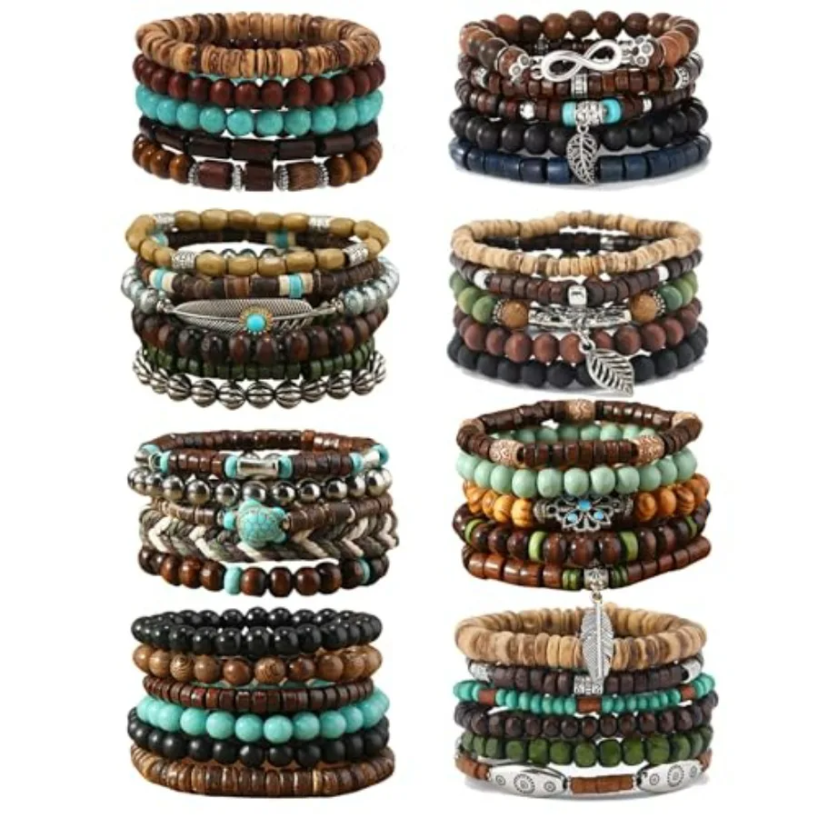 

43Pcs Punk Wooden Beads Bracelets Gothic Bracelet for Men Adjustable Vintage Beaded Bracelet Metal Set Wood Bangles Wristbands